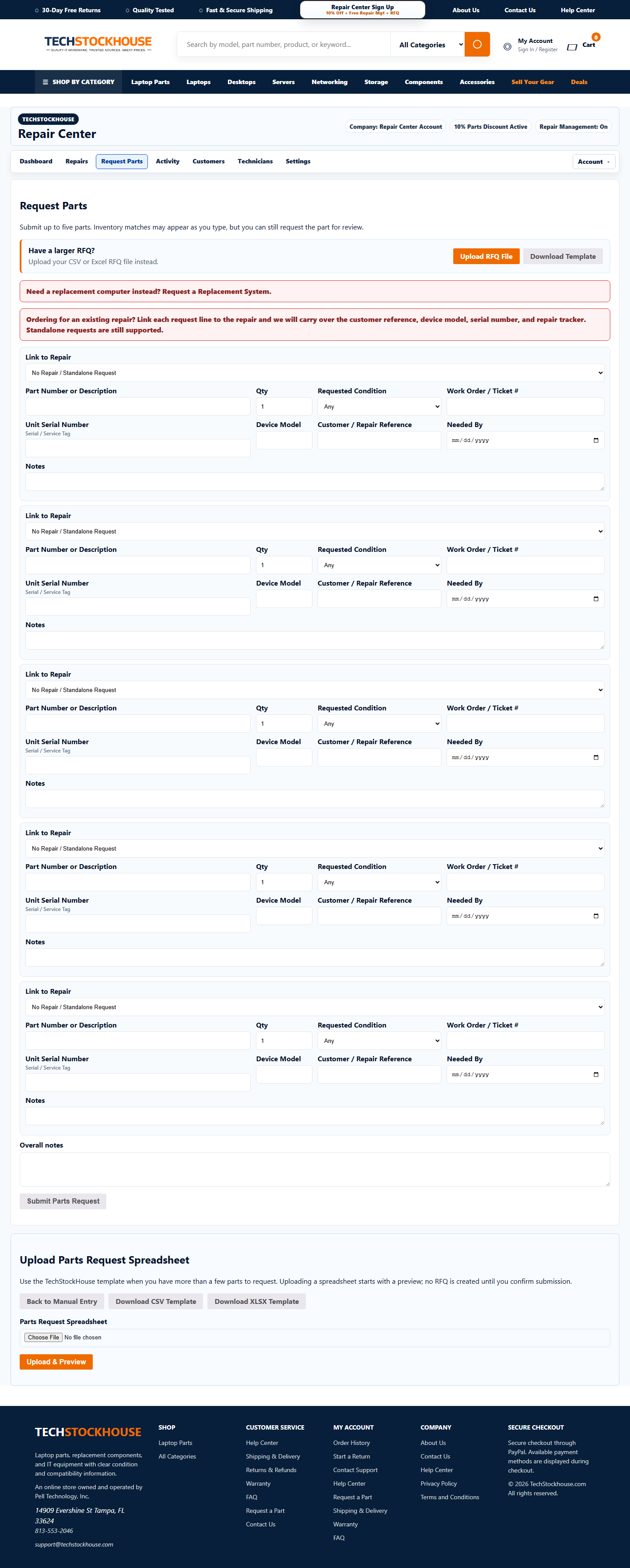 Repair Center parts RFQ form for laptop repair parts requests