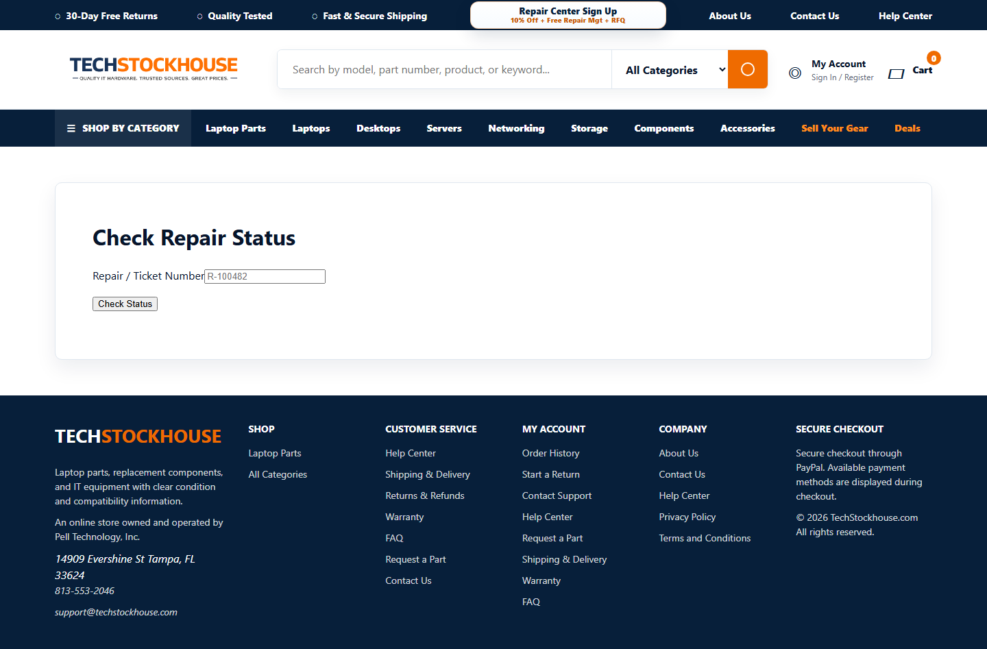 Repair status lookup screen for repair tracking software
