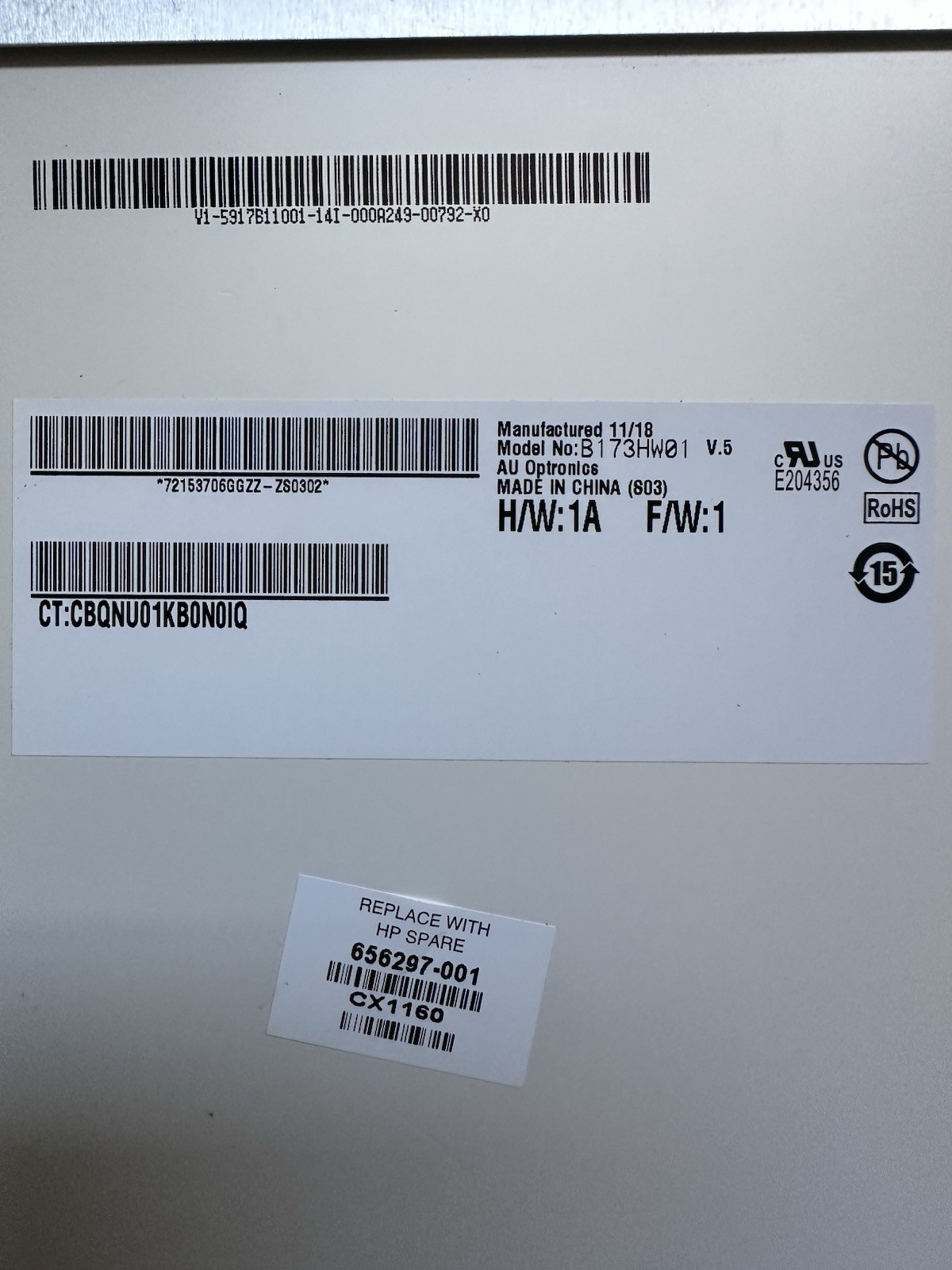 AU Optronics B173HW01 V.5 17.3" Matte LCD Laptop Screen Display Panel, *READ* 656297-001 product photo 5