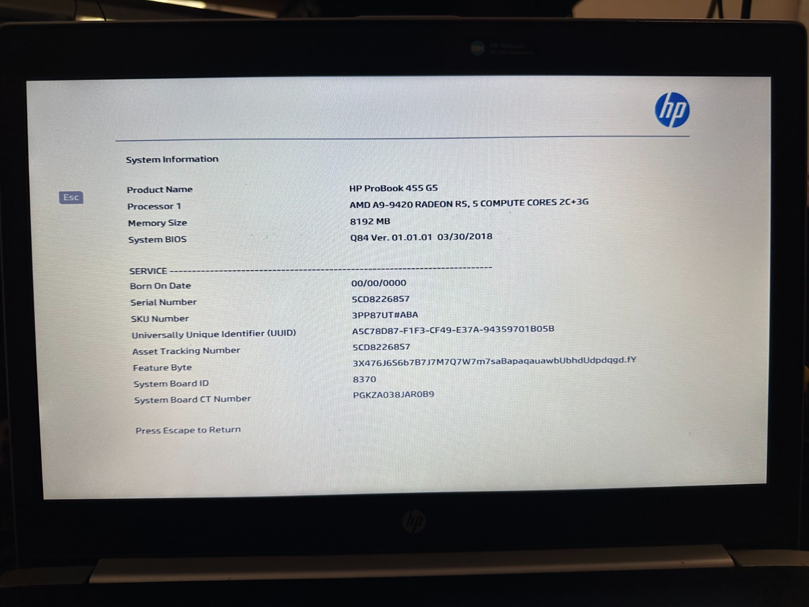 HP Probook 455 G5 AMD A9-9420 Radeon R5 Cores 2C + 3G Motherboard L15822-601 product photo 3