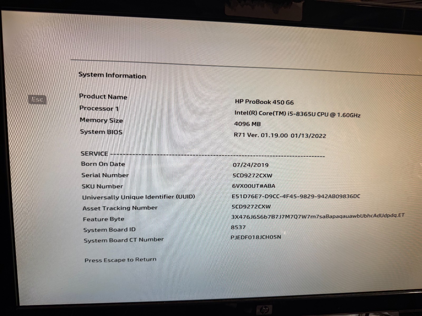 HP Probook 450 G6 i5-8365u Motherboard L44886-601 product photo 3