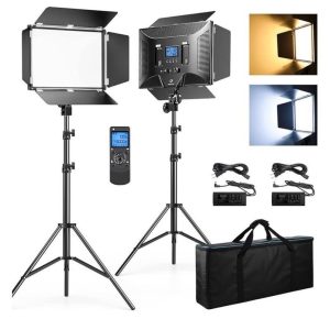 2-Pack D50 Photography Bi-Color Lighting with Barn Door, 15.4" LED Video Light