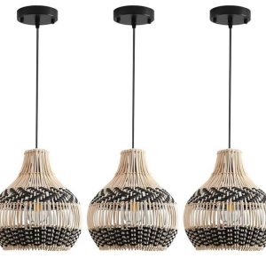 3-Pack Faux Rattan Pendant Light Fixture Mini Hand-Woven Black/White 10.24" Boho