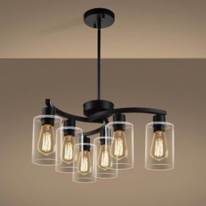 6-Light Glass Modern Farmhouse Black Chandelier, Contemporary Dining Room Light