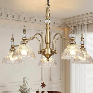 Gold Chandelier 5-Light Fixture with Crystal Glass Shade, Vintage Chandelier