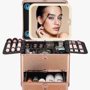 Travel Makeup Bag with Led Mirror, Hard Shell Case with 6 Detachable Partitions