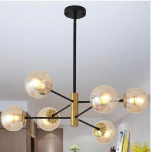 GOLD 6-Light Amber Glass Chandelier, Globe Ceiling Light Fixture, Sputnik