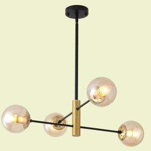 GOLD Modern 4-Light Pendant Chandelier with Amber Glass Globes in Black Sputnik