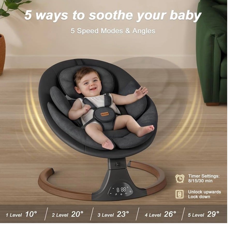 Monamii Baby Swing, Bluetooth Infant Swing, Brown/Black - Image 4