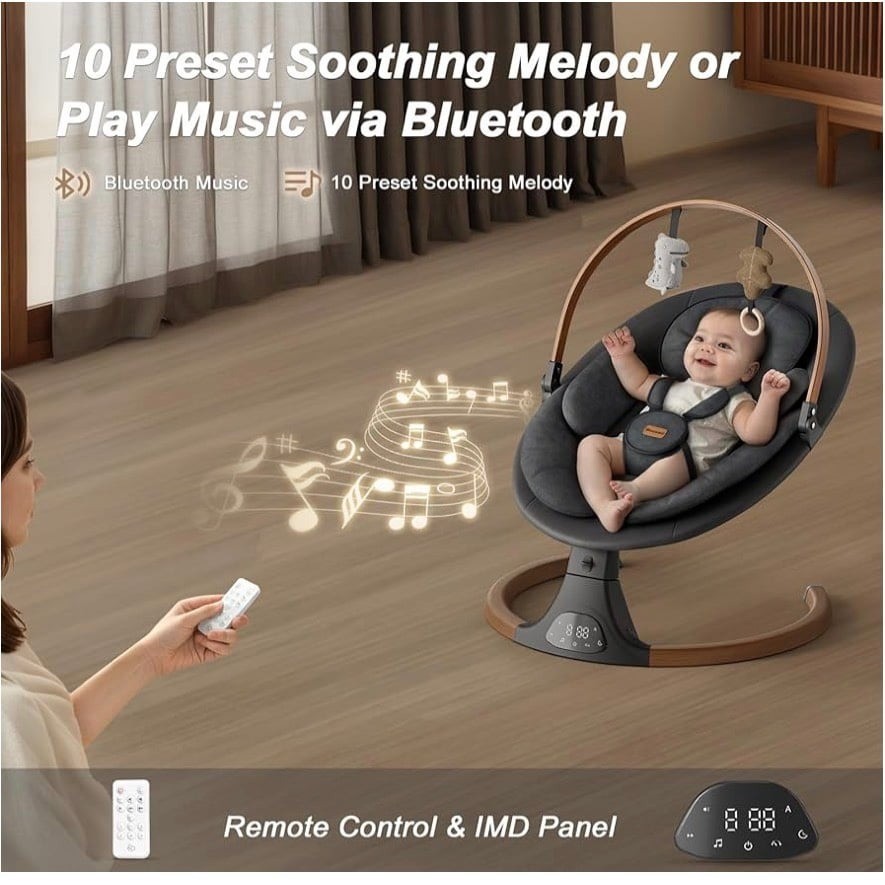 Monamii Baby Swing, Bluetooth Infant Swing, Brown/Black - Image 5