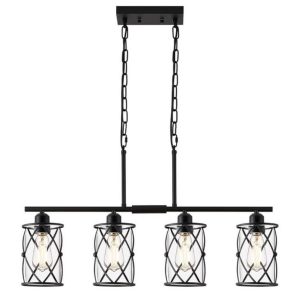 4-Light Kitchen Island Chandelier, Modern Black Light Fixture w/Clear Glass